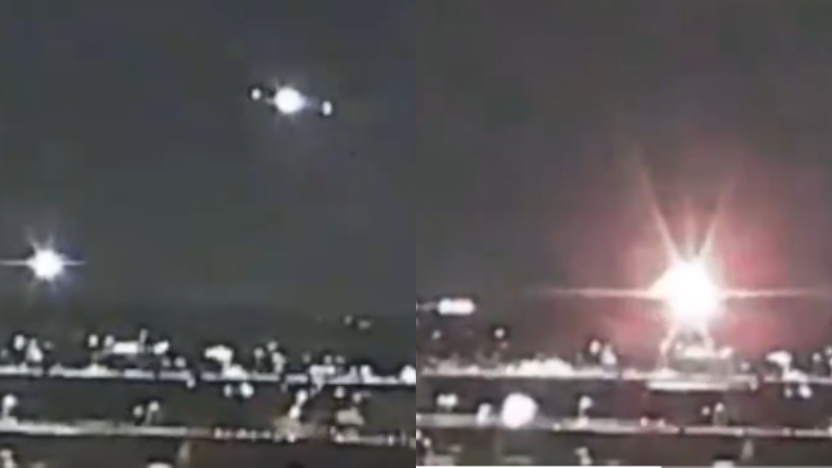 These videos show two sets of lights consistent with aircraft appearing to join in a fireball. These videos show two sets of lights consistent with aircraft appearing to join in a fireball.
