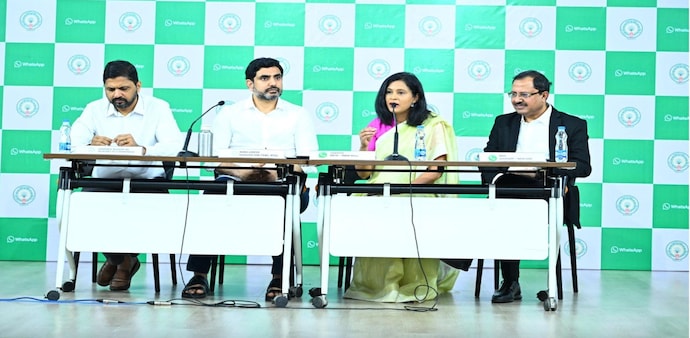 Left to Right - Shri Bhaskar Katamneni, IAS, Ministry of IT Department; Shri Nara Lokesh, Minister for ITE & C, RTGS; Sandhya Devanathan, VP , Meta in India; Ravi Garg, Director Business Messaging, Meta India Left to Right - Shri Bhaskar Katamneni, IAS, Ministry of IT Department; Shri Nara Lokesh, Minister for ITE & C, RTGS; Sandhya Devanathan, VP , Meta in India; Ravi Garg, Director Business Messaging, Meta India