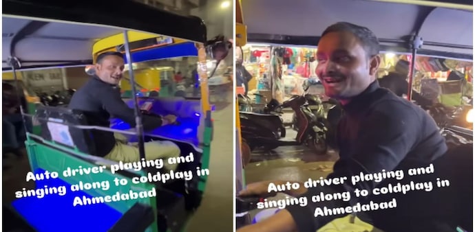 A video of an Ahmedabad auto driver singing a Coldplay song while driving went viral. (Photos: Navendu/Instagram) A video of an Ahmedabad auto driver singing a Coldplay song while driving went viral. (Photos: Navendu/Instagram)