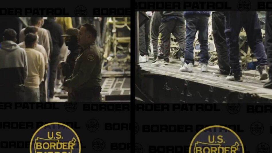 In this video, deportees' hands were cuffed and their legs shackled as they entered the aircraft. In this video, deportees' hands were cuffed and their legs shackled as they entered the aircraft.