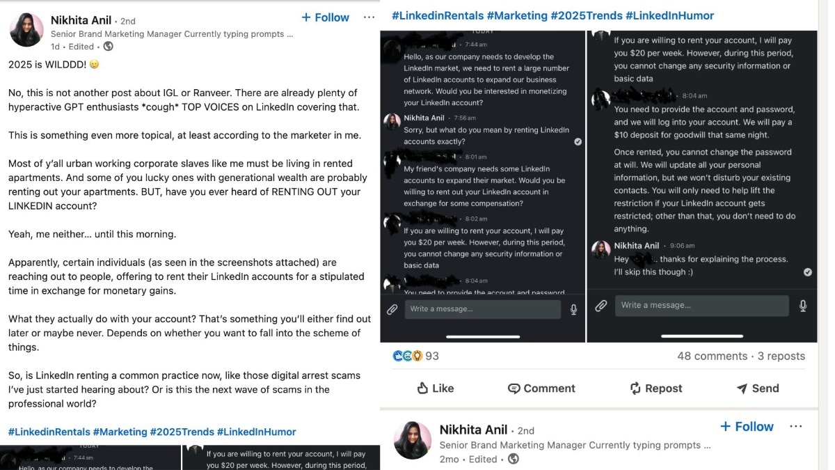 "Rent your LinkedIn?" Viral post reveals bizarre offer for account access (LinkedIn/ Nikhita Anil) "Rent your LinkedIn?" Viral post reveals bizarre offer for account access (LinkedIn/ Nikhita Anil)