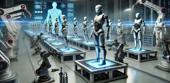 Image of robots on an assembly line. (Image created using ChatGPT) Image of robots on an assembly line. (Image created using ChatGPT)