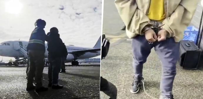 The illegal immigrants, whose faces were not shown in the video posted by White House, are preparing to board a deportation flight in the US in shackles. (Photo: X/@WhiteHouse) The illegal immigrants, whose faces were not shown in the video posted by White House, are preparing to board a deportation flight in the US in shackles. (Photo: X/@WhiteHouse)