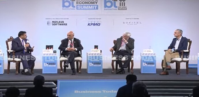 Business Today Markets Editor Shailendra Bhatnagar with Nitin Chugh, Vishnu R Dusad, and Hemant Jhajhria, during the panel discussion at BT Banking & Economy Summit Thursday. Business Today Markets Editor Shailendra Bhatnagar with Nitin Chugh, Vishnu R Dusad, and Hemant Jhajhria, during the panel discussion at BT Banking & Economy Summit Thursday.