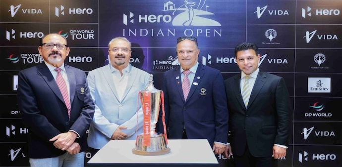 (From left) Hero Indian Open Committee Chairman SK Sharma Hero MotoCorp Executive VP Sanjay Bhan, Indian Golf Union President Brijinder Singh and DLF Golf and Country Club VP Tusch Daroga with the tournament trophy. (From left) Hero Indian Open Committee Chairman SK Sharma Hero MotoCorp Executive VP Sanjay Bhan, Indian Golf Union President Brijinder Singh and DLF Golf and Country Club VP Tusch Daroga with the tournament trophy.