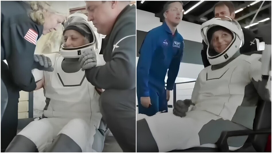 Sunita Williams coming out of the Dragon capsule. Sunita Williams coming out of the Dragon capsule.