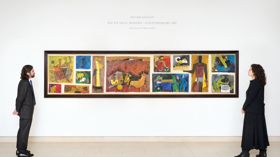 MF Husain's 'Untitled (Gram Yatra)'. (X/@ChristiesInc) MF Husain's 'Untitled (Gram Yatra)'. (X/@ChristiesInc)