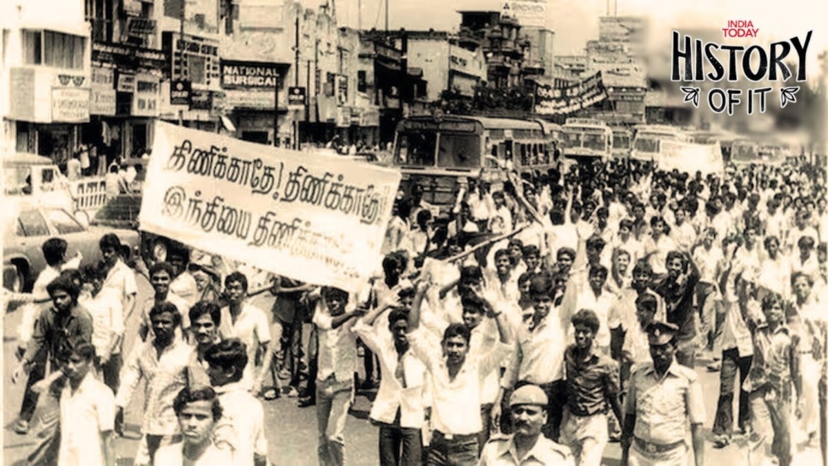 Protesters hit the streets of Tamil Nadu (then Madras State) in 1965 against the "imposition of Hindi". (Image: India Today/File) Protesters hit the streets of Tamil Nadu (then Madras State) in 1965 against the "imposition of Hindi". (Image: India Today/File)