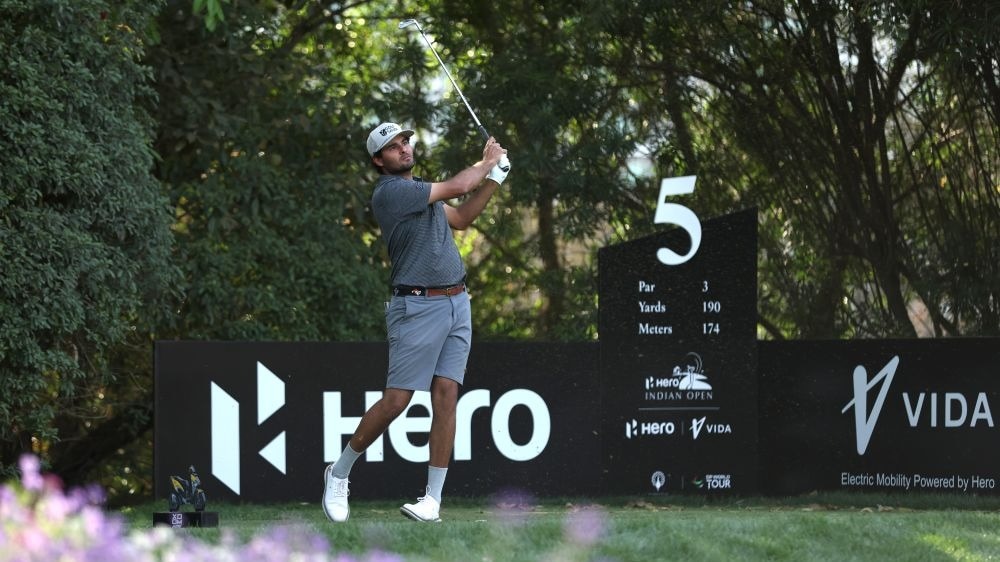 Eugenio Chacarra of Spain tees off on hole five on his way into a share of the two-day lead at the Hero Indian Open in Gurgaon on Friday. Image courtesy Getty Images. Eugenio Chacarra of Spain tees off on hole five on his way into a share of the two-day lead at the Hero Indian Open in Gurgaon on Friday. Image courtesy Getty Images.