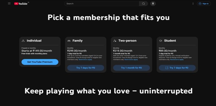 Two-person YouTube Premium starts at Rs 219/month Two-person YouTube Premium starts at Rs 219/month