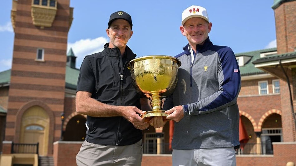 Internationals captain Geoff Ogilvy (left) and his US counterpart Brandt Snedeker with the Presidents Cup. (Image courtesy: PGA Tour) Internationals captain Geoff Ogilvy (left) and his US counterpart Brandt Snedeker with the Presidents Cup. (Image courtesy: PGA Tour)