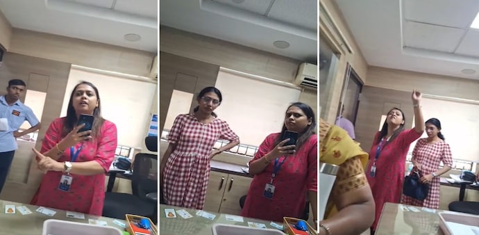 A State Bank of India official at a branch in Bengaluru was seen arguing with a customer about speaking the local language. (Screengrabs) A State Bank of India official at a branch in Bengaluru was seen arguing with a customer about speaking the local language. (Screengrabs)