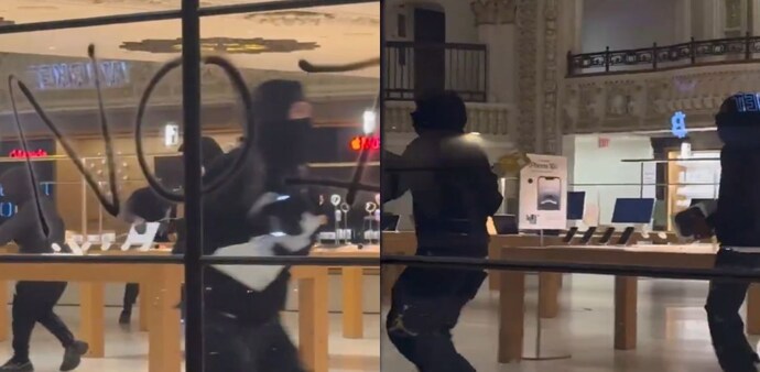 Crime rates soared with masked looters vandalising stores, including an Apple Store, where windows were smashed, and products stolen. Crime rates soared with masked looters vandalising stores, including an Apple Store, where windows were smashed, and products stolen.
