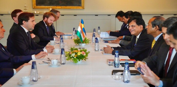 Piyush Goyal during a meeting with Minister for International Development Cooperation and Foreign Trade, Benjamin Dousa, and State Secretary for Foreign Trade Hakan Jevrell, in Sweden Piyush Goyal during a meeting with Minister for International Development Cooperation and Foreign Trade, Benjamin Dousa, and State Secretary for Foreign Trade Hakan Jevrell, in Sweden
