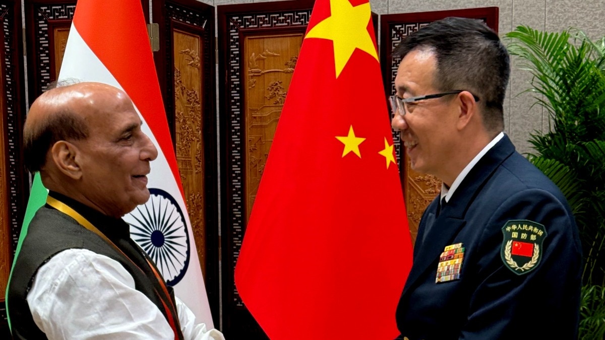 Defence Minister Rajnath Singh during a meeting with Chinese Defence Minister Admiral Dong Jun on the sidelines of the SCO Defence Ministers' Meeting Defence Minister Rajnath Singh during a meeting with Chinese Defence Minister Admiral Dong Jun on the sidelines of the SCO Defence Ministers' Meeting