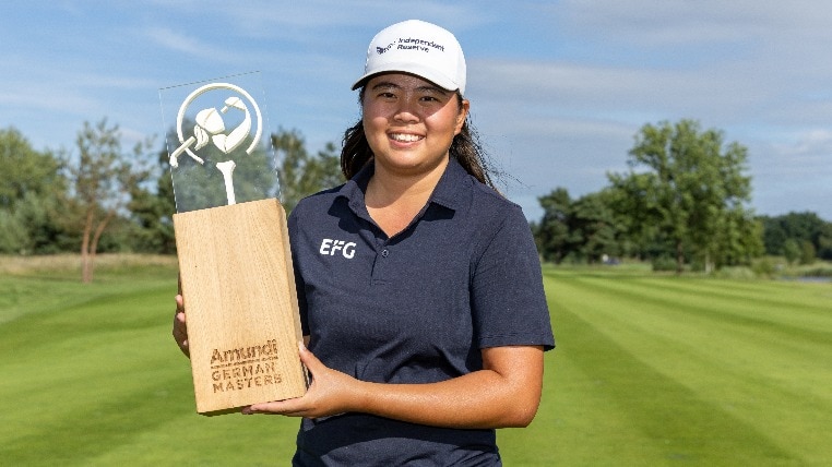 Singapore golfer Shannon Tan with her German Masters winner’s trophy which she ensured with a gutsy performance on the final day. Image courtesy LET.