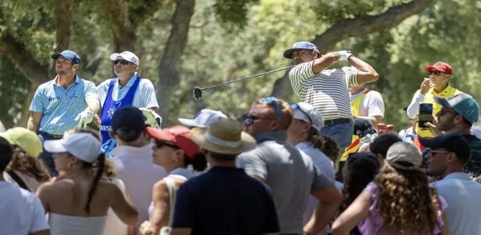 Anirban Lahiri of Crushers GC in action during the second round of LIV Golf Andalucía 2024 at Real Club Valderrama. Image courtesy LIV Golf. Anirban Lahiri of Crushers GC in action during the second round of LIV Golf Andalucía 2024 at Real Club Valderrama. Image courtesy LIV Golf.