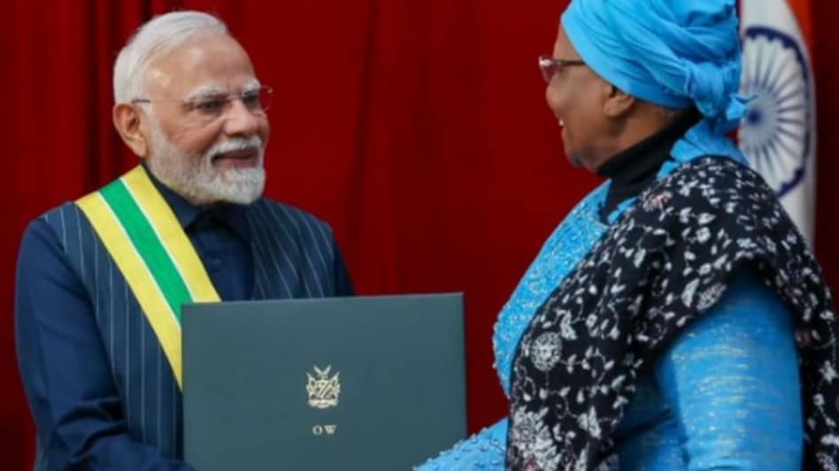 The prestigious honour was presented by Namibian President Dr Netumbo Nandi-Ndaitwah in recognition of PM Modi’s efforts to strengthen India-Namibia ties. The prestigious honour was presented by Namibian President Dr Netumbo Nandi-Ndaitwah in recognition of PM Modi’s efforts to strengthen India-Namibia ties.