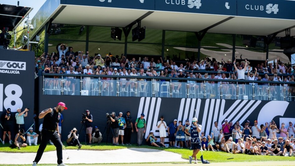 Legion XIII captain Jon Rahm celebrates after making a vital putt on their way to winning LIV Golf Andalucía at the Real Club Valderrama. Image courtesy LIV Golf. Legion XIII captain Jon Rahm celebrates after making a vital putt on their way to winning LIV Golf Andalucía at the Real Club Valderrama. Image courtesy LIV Golf.