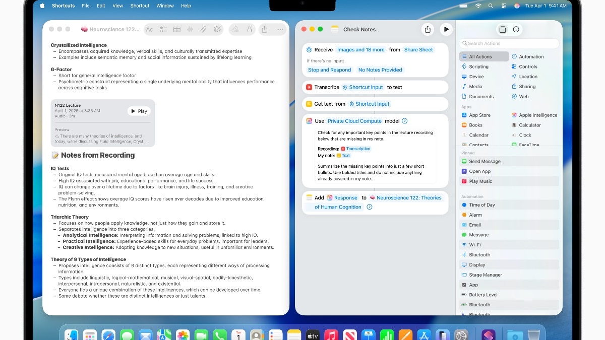 Shortcuts are supercharged with Apple Intelligence, allowing users to tap directly into Apple Intelligence models, either on-device or with Private Cloud Compute, to generate responses that feed into the rest of a shortcut.