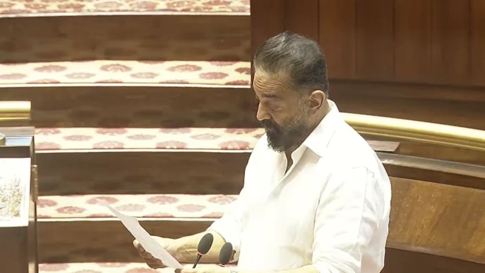 Kamal Haasan Rajya Sabha oath in Tamil, elected unopposed from Tamil Nadu with DMK support Kamal Haasan Rajya Sabha oath in Tamil, elected unopposed from Tamil Nadu with DMK support