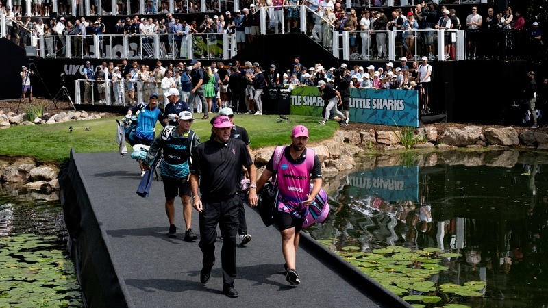 RangeGoats captain Bubba Watson and caddie Kyle Peters on the first hole during the second round of LIV Golf UK by JCB in Rocester. (Image courtesy: LIV Golf)