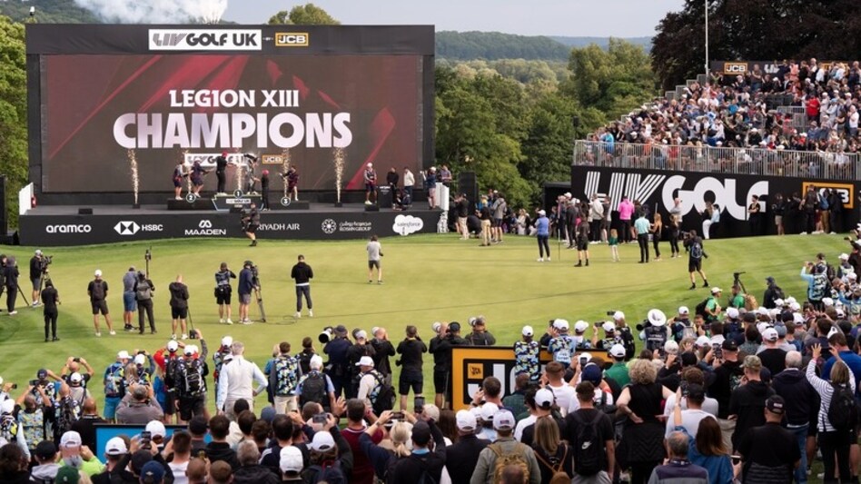 Legion XIII captain Jon Rahm celebrates on the podium with teammates Tyrrell Hatton, Tom McKibbin, and Caleb Surratt after winning the LIV Golf UK team event. (Image courtesy: LIV Golf) Legion XIII captain Jon Rahm celebrates on the podium with teammates Tyrrell Hatton, Tom McKibbin, and Caleb Surratt after winning the LIV Golf UK team event. (Image courtesy: LIV Golf)