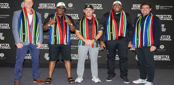 Steyn City Properties CEO Steven Louw, Gauteng Province premier Panyaza Lesufi, Stinger GC captain Louis Oosthuizen, SA sports minister Gayton McKenzie, and LIV Golf CEO Scott O’Neil at the announcement in Johannesburg. Image courtesy LIV Golf. Steyn City Properties CEO Steven Louw, Gauteng Province premier Panyaza Lesufi, Stinger GC captain Louis Oosthuizen, SA sports minister Gayton McKenzie, and LIV Golf CEO Scott O’Neil at the announcement in Johannesburg. Image courtesy LIV Golf.