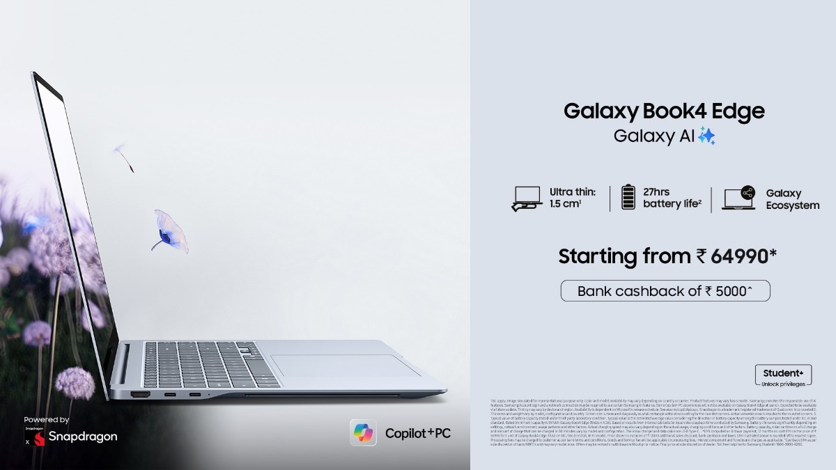 Samsung Galaxy Book 4 Edge laptop with Snapdragon X, 27 hours battery launched at ₹64,990