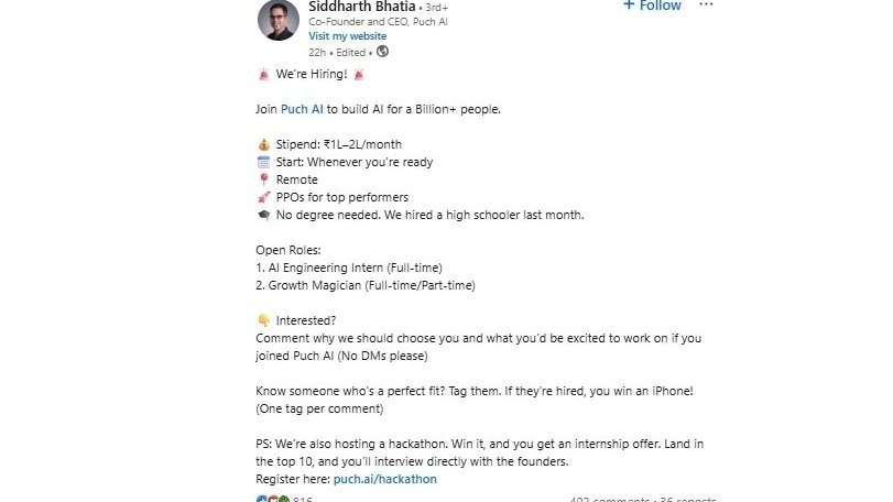 This Indian AI startup is offering internships with Rs 2 lakh stipend and no degree needed