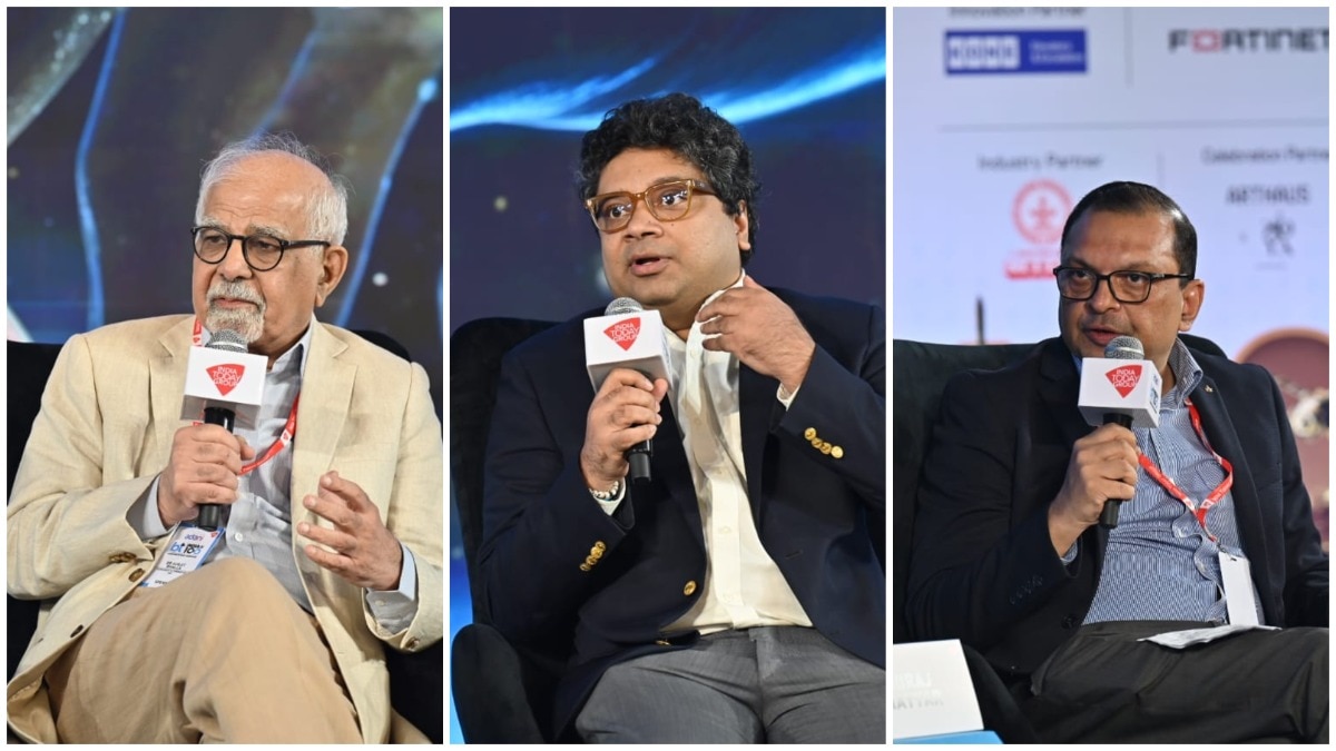 (From left) Economist and former IMF executive director Surjit Bhalla, Chief Economist at Vedanta Dheeraj Nayyar, and former Chief Economist at HDFC Bank Abheek Barua