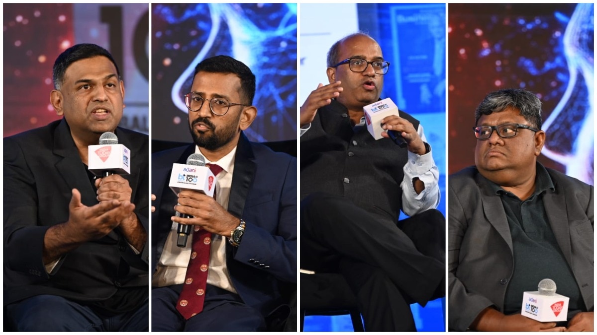 (From left) CEO of Gnani.AI Ganesh Gopalan, Director – Advanced Tech Solutions, Fortinet Subramanian Udaiyappan, Addl Secy at MeitY & CEO of IndiaAI Mission Abhishek Singh, and MD & Lead - India Business, Accenture India Saurabh Sahu. 