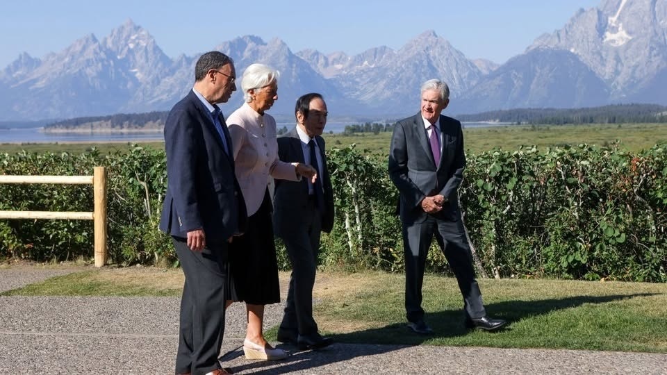 Bank of England Governor Andrew Bailey, European Central Bank President Christine Lagarde, Bank of Japan Governor Kazuo Ueda and Federal Reserve Chairman Jerome Powell attend the Jackson Hole economic policy symposium. (Reuters) Bank of England Governor Andrew Bailey, European Central Bank President Christine Lagarde, Bank of Japan Governor Kazuo Ueda and Federal Reserve Chairman Jerome Powell attend the Jackson Hole economic policy symposium. (Reuters)