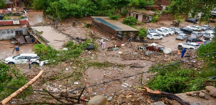 Jammu and Kashmir rains: Debris and uprooted trees at an area affected due to heavy rainfall Jammu and Kashmir rains: Debris and uprooted trees at an area affected due to heavy rainfall