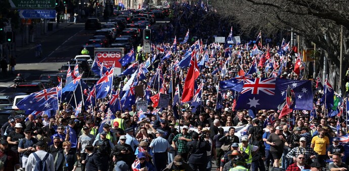 Demonstrators carry Australian flags during the 'March for Australia' anti-immigration rally, in Sydney, Australia, on August 31, 2025. (Photo: Reuters) Demonstrators carry Australian flags during the 'March for Australia' anti-immigration rally, in Sydney, Australia, on August 31, 2025. (Photo: Reuters)