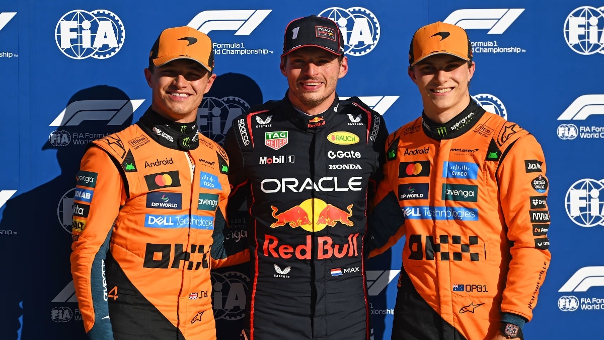 Max Verstappen (centre), Lando Norris (Left), Oscar Piastri