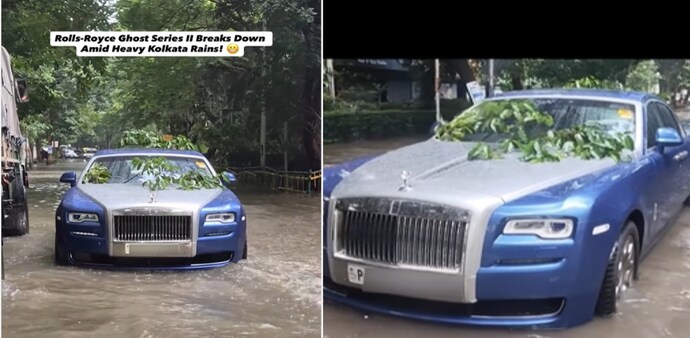 The video showed a blue and white Rolls-Royce stranded in the middle of a heavily waterlogged road in Kolkata. The video showed a blue and white Rolls-Royce stranded in the middle of a heavily waterlogged road in Kolkata.