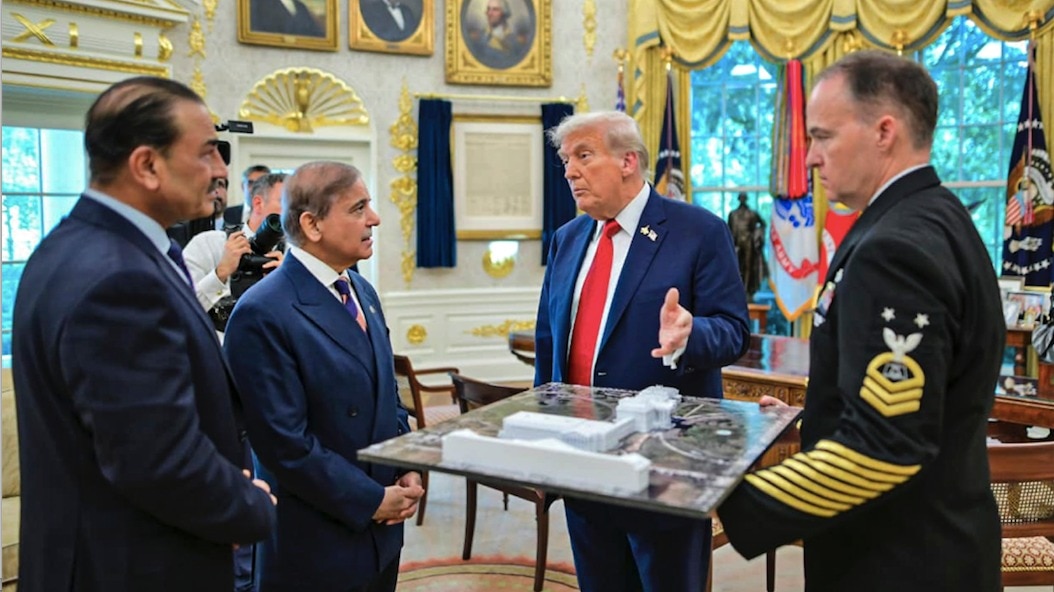 US President Donald Trump during a meeting with Pakistan Prime Minister Shehbaz Sharif and Field Marshal Asim Munir at the White House