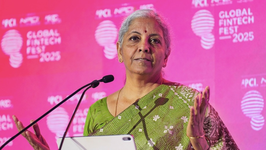 FM Nirmala Sitharaman addresses the gathering during the 'Global Fintech Fest 2025' in Mumbai