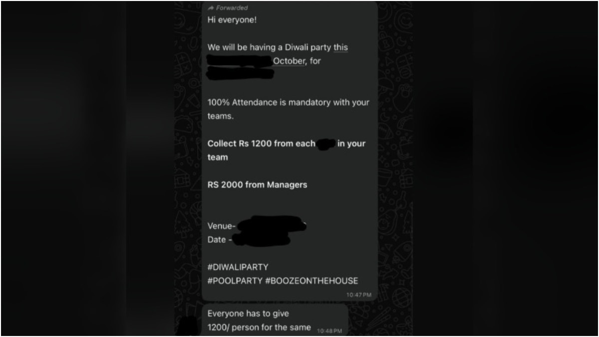 Indian company asks employees to pay Rs 1,200 for Diwali party (Photo: r/IndianWorkplace)