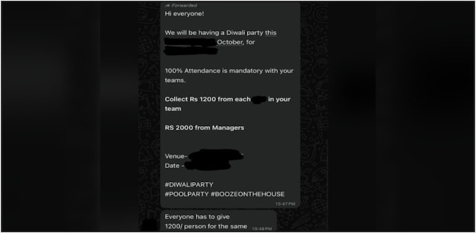 Indian company asks employees to pay Rs 1,200 for Diwali party (Photo: r/IndianWorkplace) Indian company asks employees to pay Rs 1,200 for Diwali party (Photo: r/IndianWorkplace)
