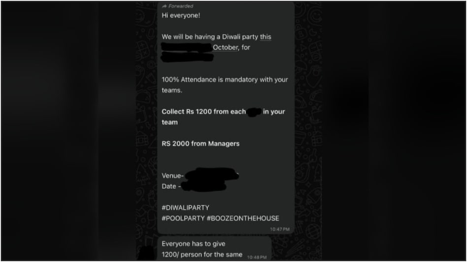 Indian company asks employees to pay Rs 1,200 for Diwali party (Photo: r/IndianWorkplace) Indian company asks employees to pay Rs 1,200 for Diwali party (Photo: r/IndianWorkplace)