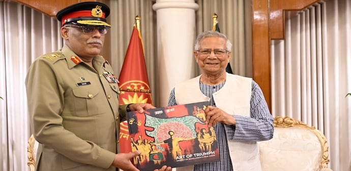 Yunus gifts Pakistani General Mirza a book titled 'Art of Triumph' showing a map of 'Greater Bangladesh' with Northeast India within the limits Yunus gifts Pakistani General Mirza a book titled 'Art of Triumph' showing a map of 'Greater Bangladesh' with Northeast India within the limits