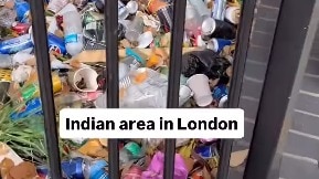 The video, titled “Indian area in London,” captures a fenced park-like space in Southall piled with garbage — plastic bottles, empty cans, food wrappers, and disposable cups lying scattered across the ground.