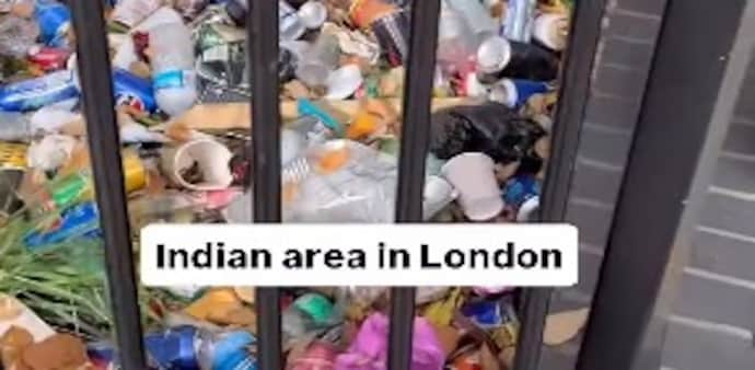 The video, titled “Indian area in London,” captures a fenced park-like space in Southall piled with garbage — plastic bottles, empty cans, food wrappers, and disposable cups lying scattered across the ground. The video, titled “Indian area in London,” captures a fenced park-like space in Southall piled with garbage — plastic bottles, empty cans, food wrappers, and disposable cups lying scattered across the ground.