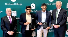 Nishant & Nikhil Rathi Felicitated at Alma Mater Nichols College for Entrepreneurial Leadership From left to right - Provost Daniel Borgia, Nishant Rathi, Nikhil Rathi, President Bill Pieczynski