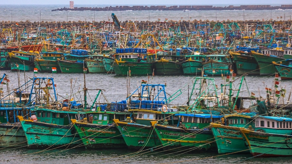 Boats moored at the shore amid gusty winds in view of Cyclone 'Ditwah', at Kasimedu fishing harbour in Chennai on November 29. Boats moored at the shore amid gusty winds in view of Cyclone 'Ditwah', at Kasimedu fishing harbour in Chennai on November 29.