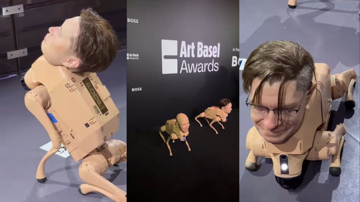 Mark Zuckerberg, Elon Musk, Jeff Bezos, and others showcased as hyperrealistic robot dogs. (Beeple/ Art Besal)
