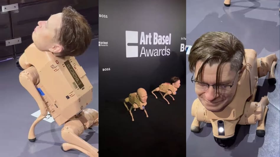 Mark Zuckerberg, Elon Musk, Jeff Bezos, and others showcased as hyperrealistic robot dogs. (Beeple/ Art Besal) Mark Zuckerberg, Elon Musk, Jeff Bezos, and others showcased as hyperrealistic robot dogs. (Beeple/ Art Besal)