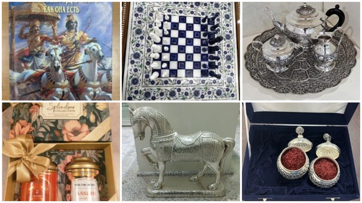 Prime Minister Narendra Modi presented Russian President Vladimir Putin with an assortment of handcrafted Indian gifts as he arrived at Rashtrapati Bhavan for a ceremonial banquet. Prime Minister Narendra Modi presented Russian President Vladimir Putin with an assortment of handcrafted Indian gifts as he arrived at Rashtrapati Bhavan for a ceremonial banquet.